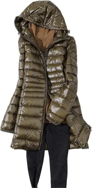 2024 Classic Length Zipper Down Coat for Womens Long Sleeve Casual Quilted Puffer Coat Hooded Warm Slim Down Jacket