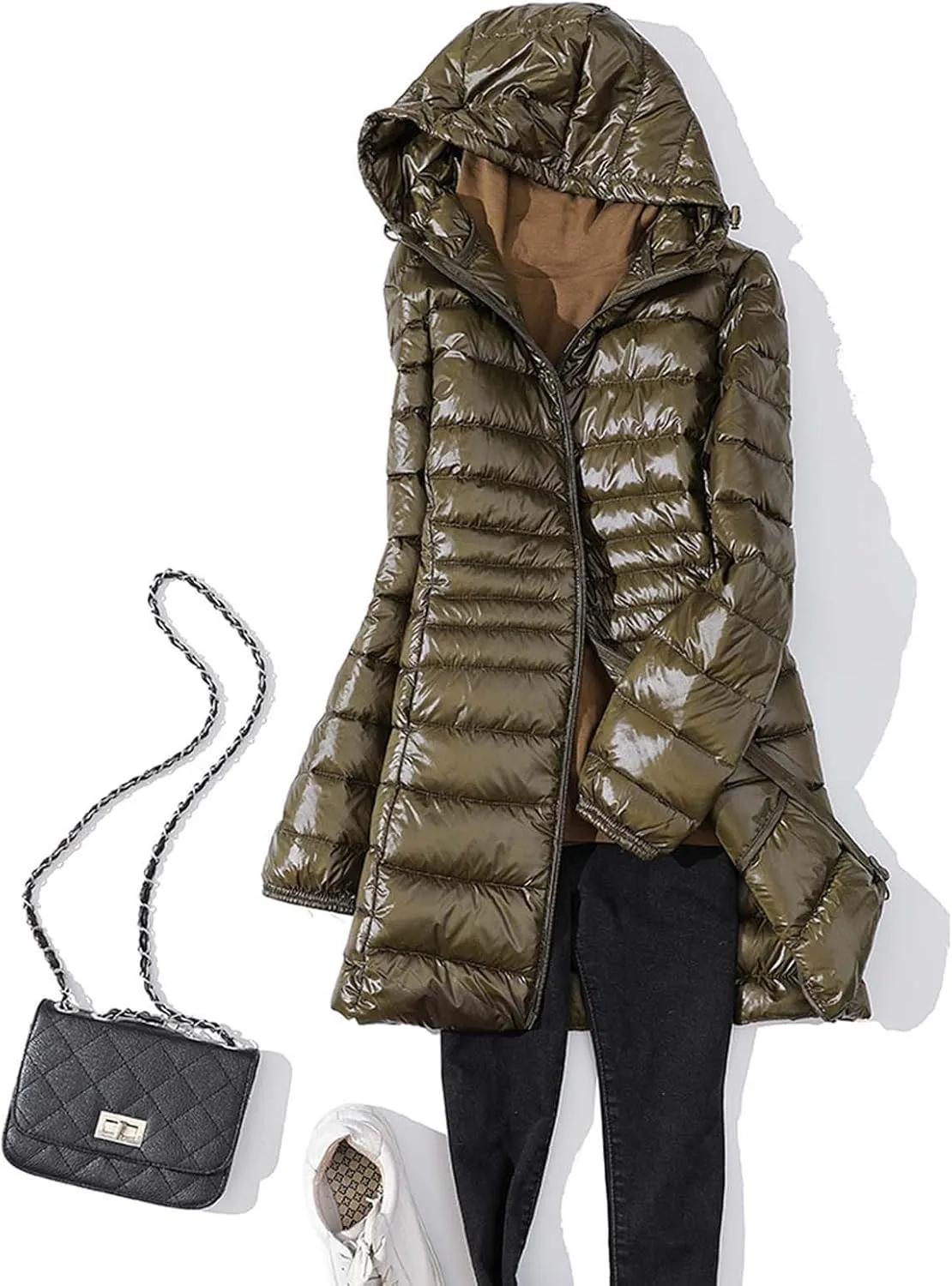 2024 Classic Length Zipper Down Coat for Womens Long Sleeve Casual Quilted Puffer Coat Hooded Warm Slim Down Jacket