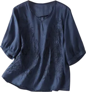 2025 Cotton Linen Shirts for Women Embroidery Jacquard V Neck Blouses Tunics Vintage Boho 3/4 Sleeve Tops Tees