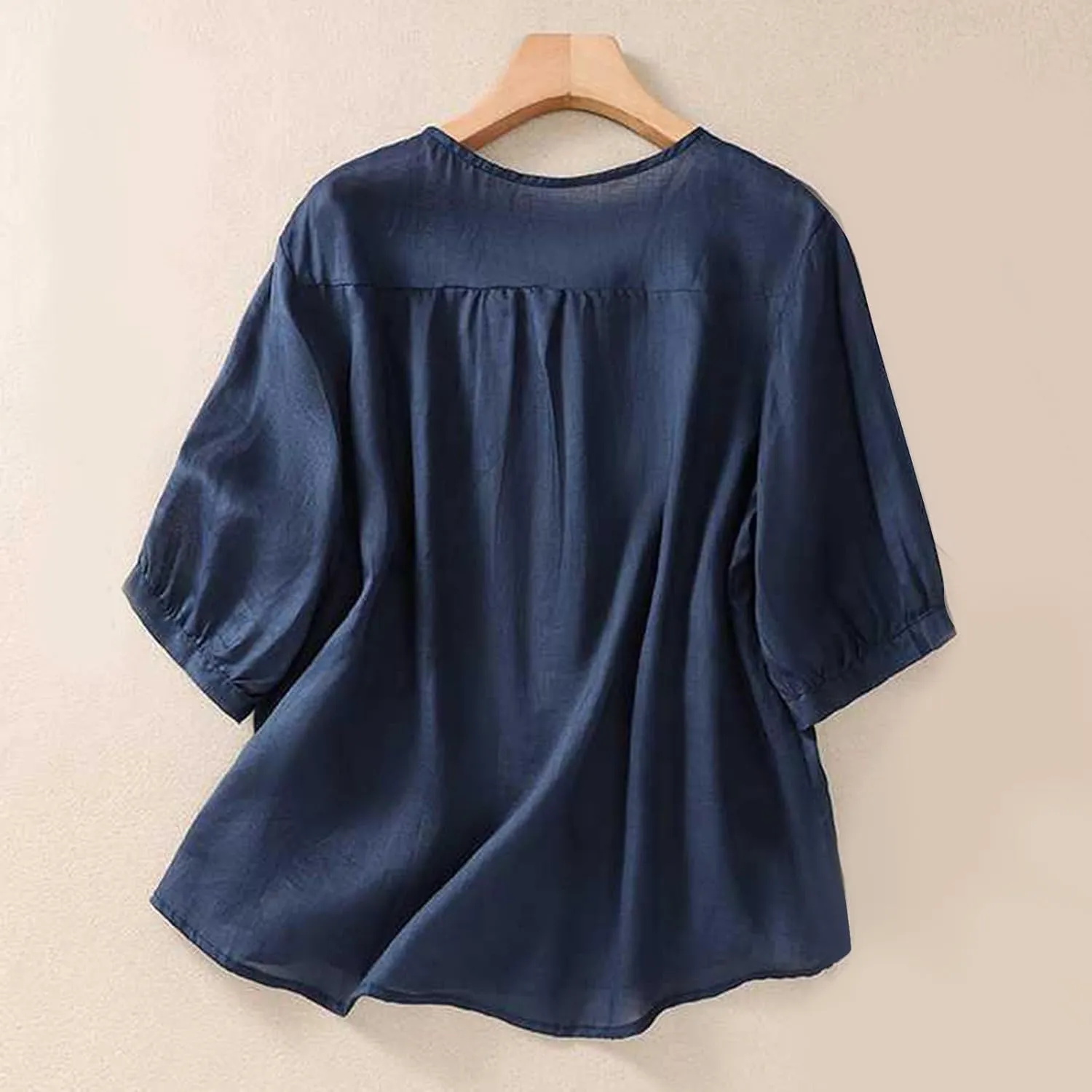 2025 Cotton Linen Shirts for Women Embroidery Jacquard V Neck Blouses Tunics Vintage Boho 3/4 Sleeve Tops Tees