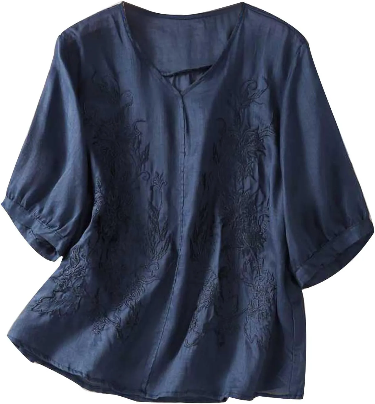 2025 Cotton Linen Shirts for Women Embroidery Jacquard V Neck Blouses Tunics Vintage Boho 3/4 Sleeve Tops Tees