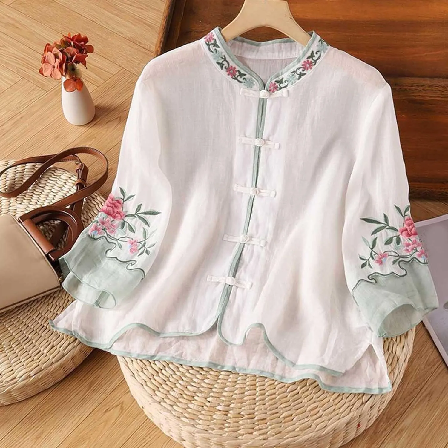 2025 Floral Embroidered Blouse Cotton Linen Tops Retro Chinese Frog Button Tees Traditional Mandarin Collar Shirts