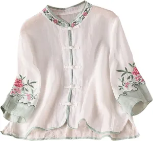2025 Floral Embroidered Blouse Cotton Linen Tops Retro Chinese Frog Button Tees Traditional Mandarin Collar Shirts