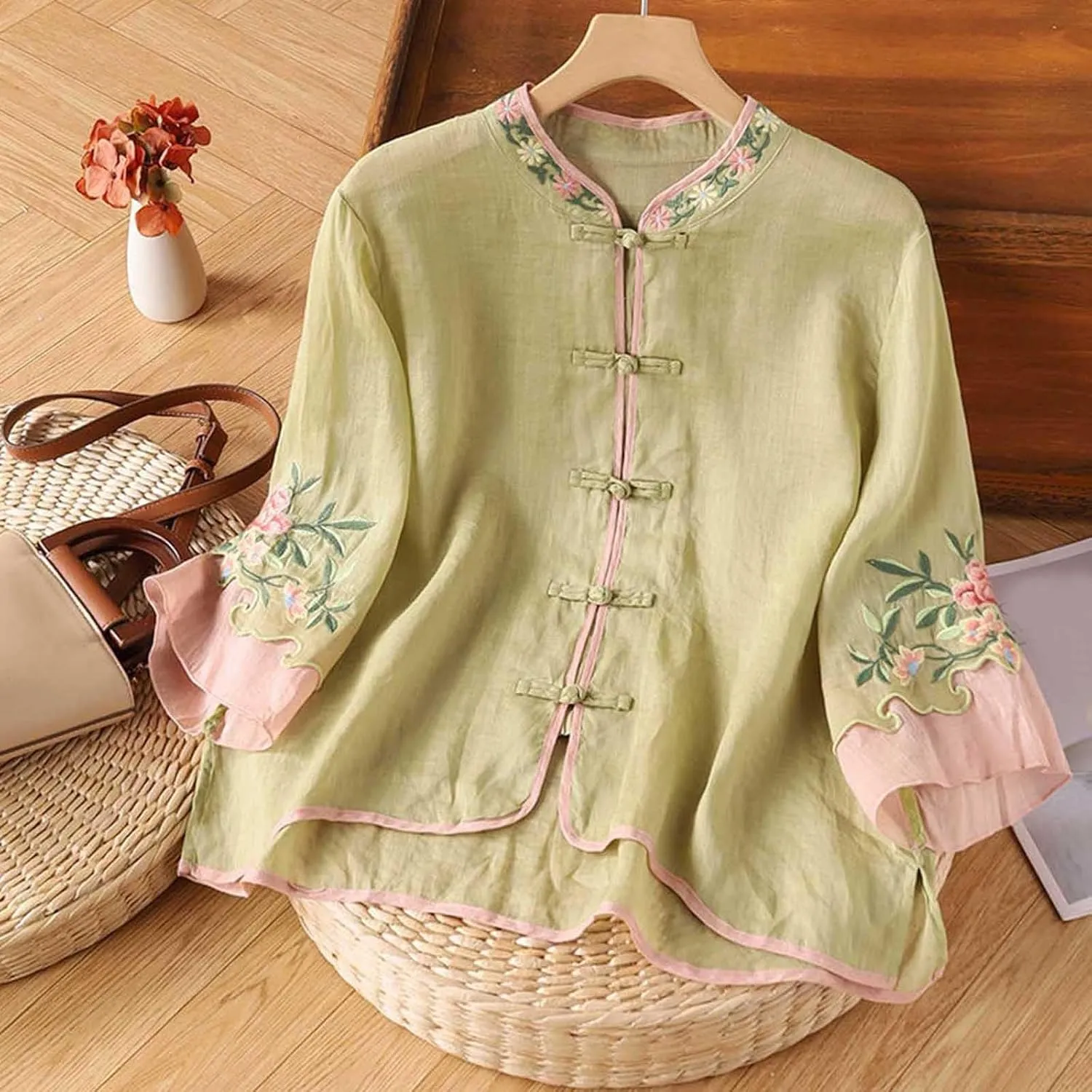 2025 Floral Embroidered Blouse Cotton Linen Tops Retro Chinese Frog Button Tees Traditional Mandarin Collar Shirts