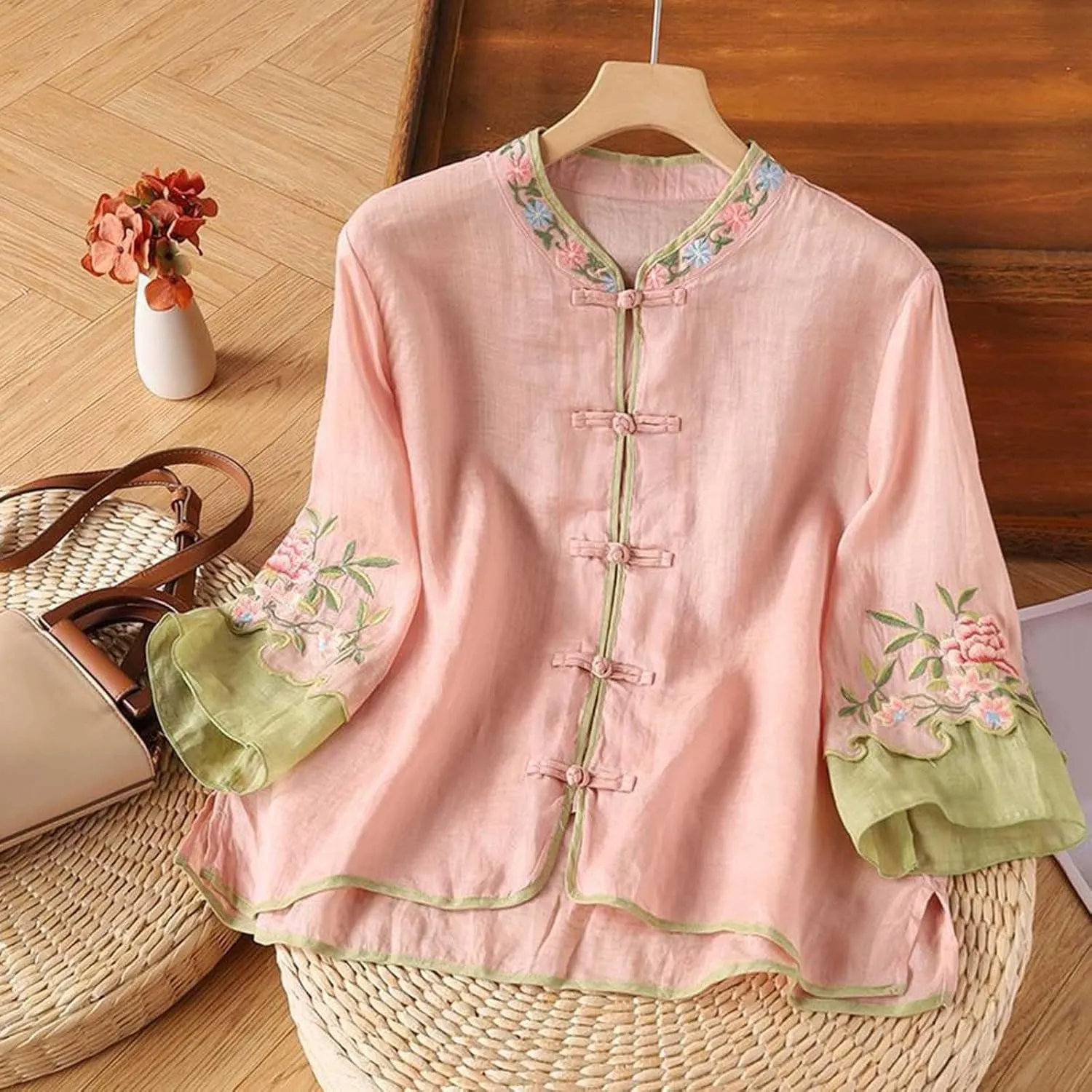2025 Floral Embroidered Blouse Cotton Linen Tops Retro Chinese Frog Button Tees Traditional Mandarin Collar Shirts