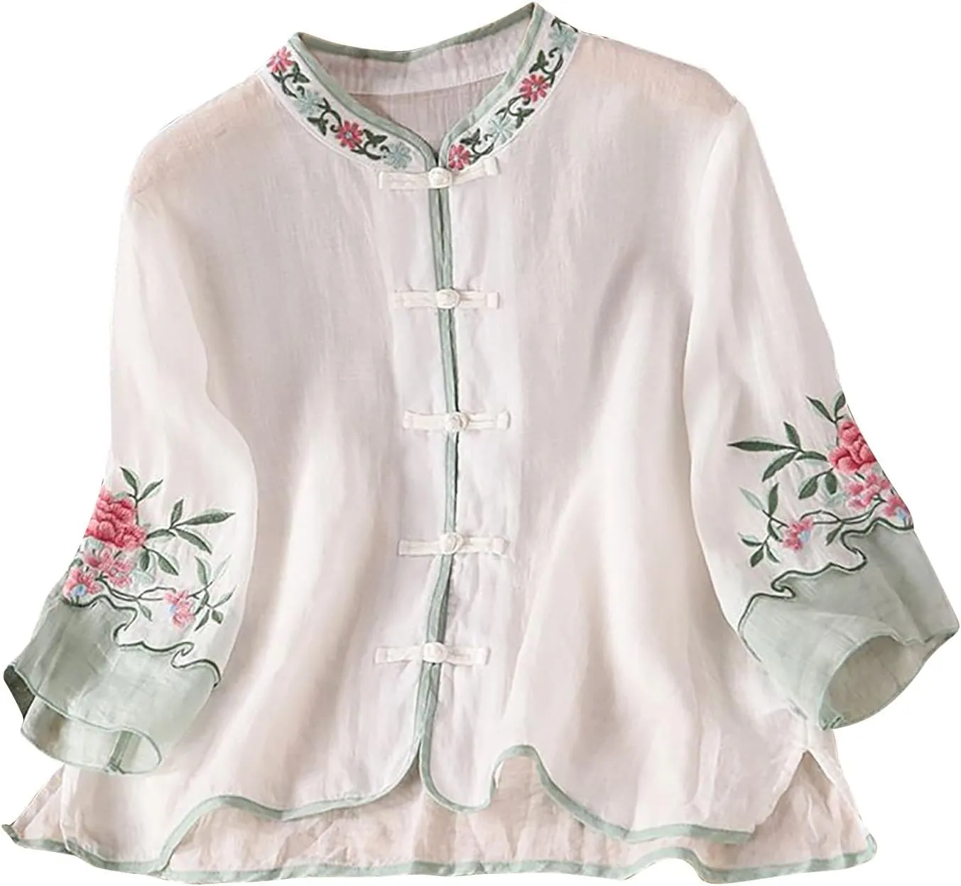 2025 Floral Embroidered Blouse Cotton Linen Tops Retro Chinese Frog Button Tees Traditional Mandarin Collar Shirts