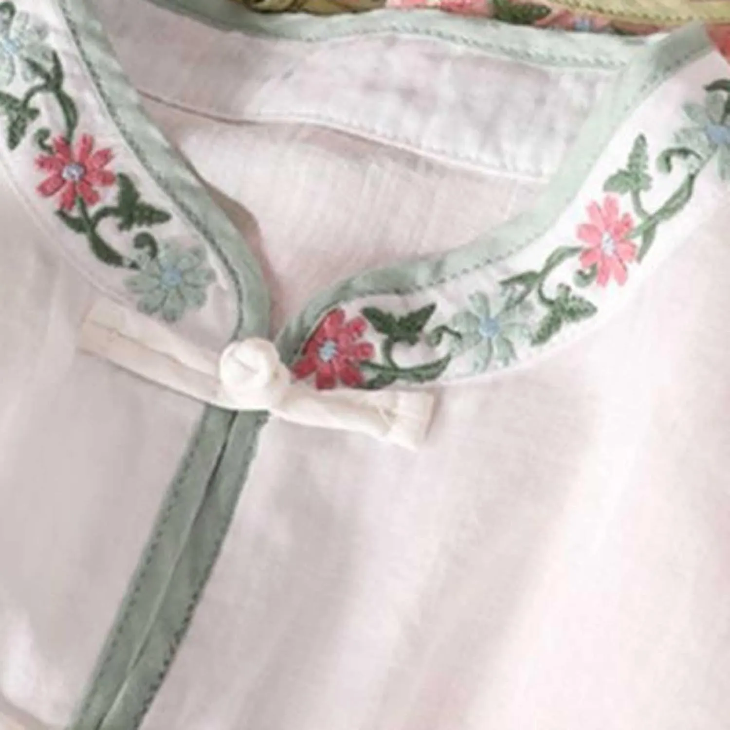 2025 Floral Embroidered Blouse Cotton Linen Tops Retro Chinese Frog Button Tees Traditional Mandarin Collar Shirts