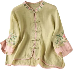 2025 Floral Embroidered Blouse Cotton Linen Tops Retro Chinese Frog Button Tees Traditional Mandarin Collar Shirts