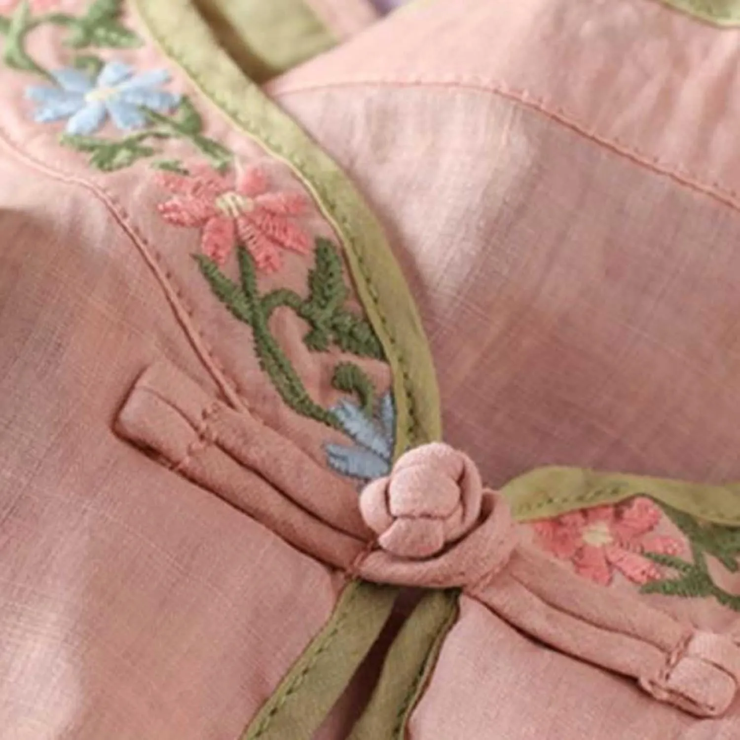 2025 Floral Embroidered Blouse Cotton Linen Tops Retro Chinese Frog Button Tees Traditional Mandarin Collar Shirts