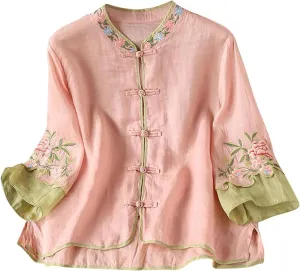 2025 Floral Embroidered Blouse Cotton Linen Tops Retro Chinese Frog Button Tees Traditional Mandarin Collar Shirts