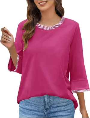 2025 Summer Women Color Block Tops 3/4 Sleeve Tees Shirts Trendy Dressy Casual Crew Neck Loose Blouses Tunics