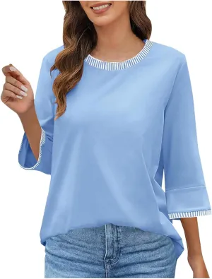 2025 Summer Women Color Block Tops 3/4 Sleeve Tees Shirts Trendy Dressy Casual Crew Neck Loose Blouses Tunics