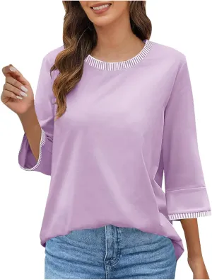 2025 Summer Women Color Block Tops 3/4 Sleeve Tees Shirts Trendy Dressy Casual Crew Neck Loose Blouses Tunics