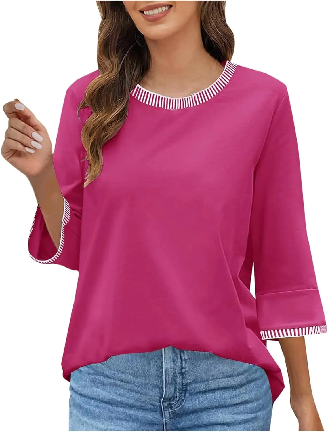 2025 Summer Women Color Block Tops 3/4 Sleeve Tees Shirts Trendy Dressy Casual Crew Neck Loose Blouses Tunics