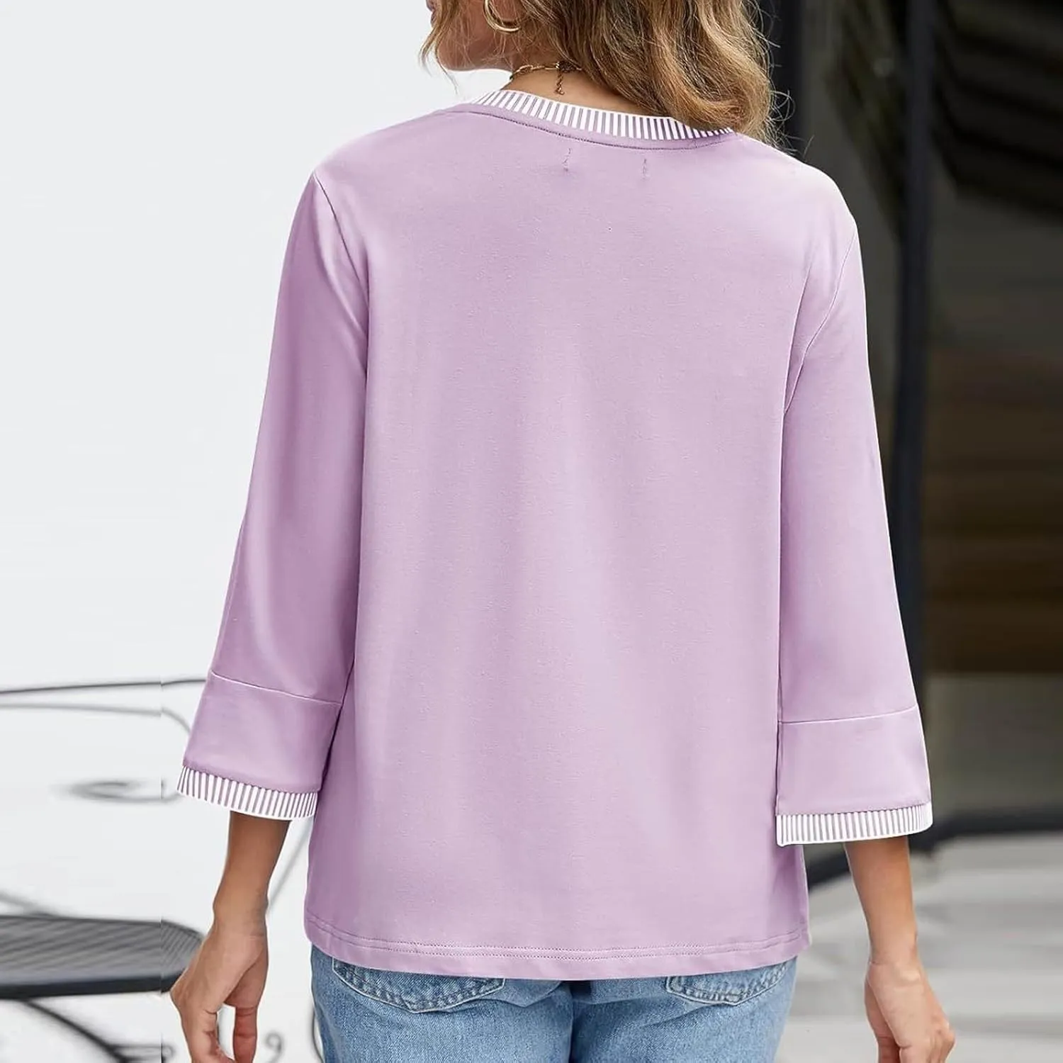2025 Summer Women Color Block Tops 3/4 Sleeve Tees Shirts Trendy Dressy Casual Crew Neck Loose Blouses Tunics