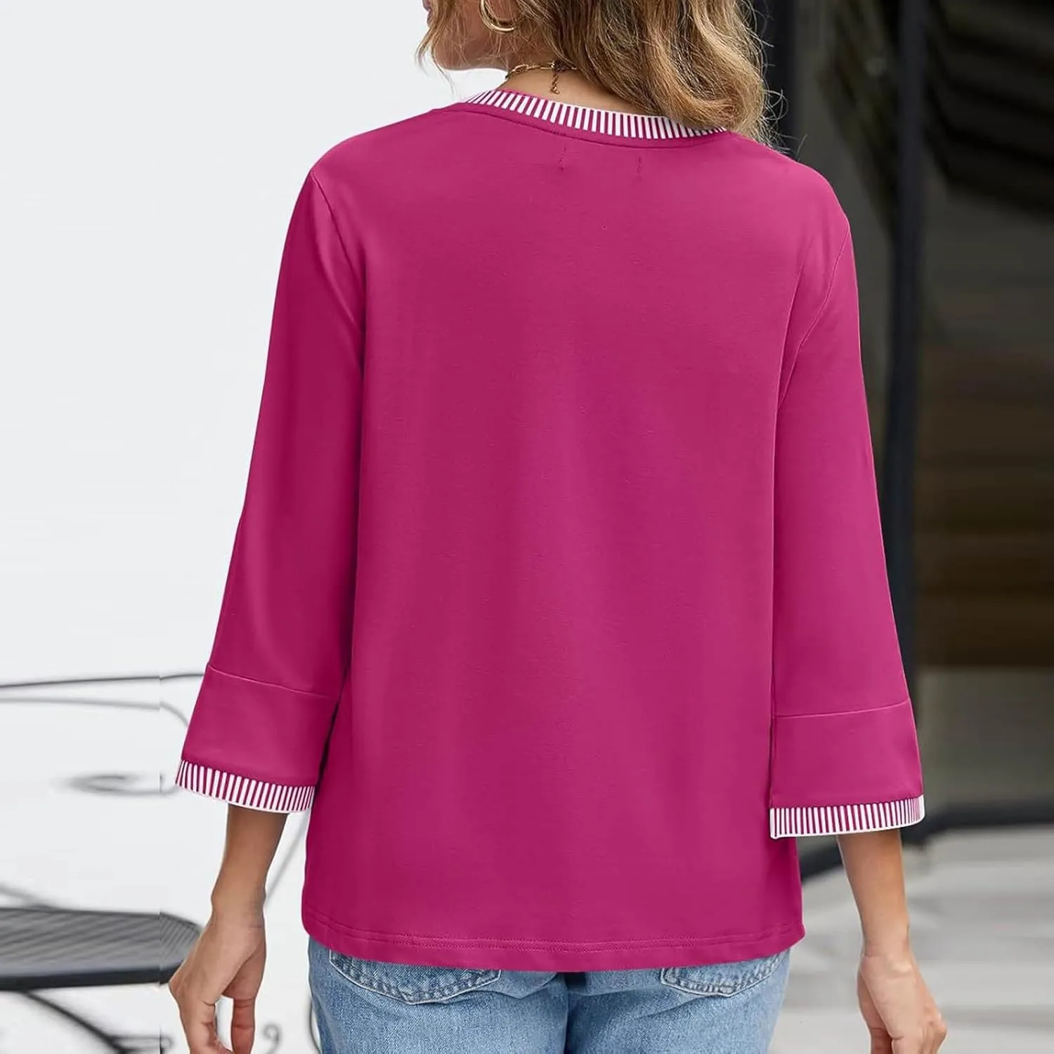 2025 Summer Women Color Block Tops 3/4 Sleeve Tees Shirts Trendy Dressy Casual Crew Neck Loose Blouses Tunics