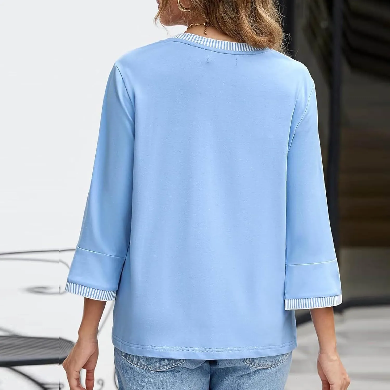 2025 Summer Women Color Block Tops 3/4 Sleeve Tees Shirts Trendy Dressy Casual Crew Neck Loose Blouses Tunics