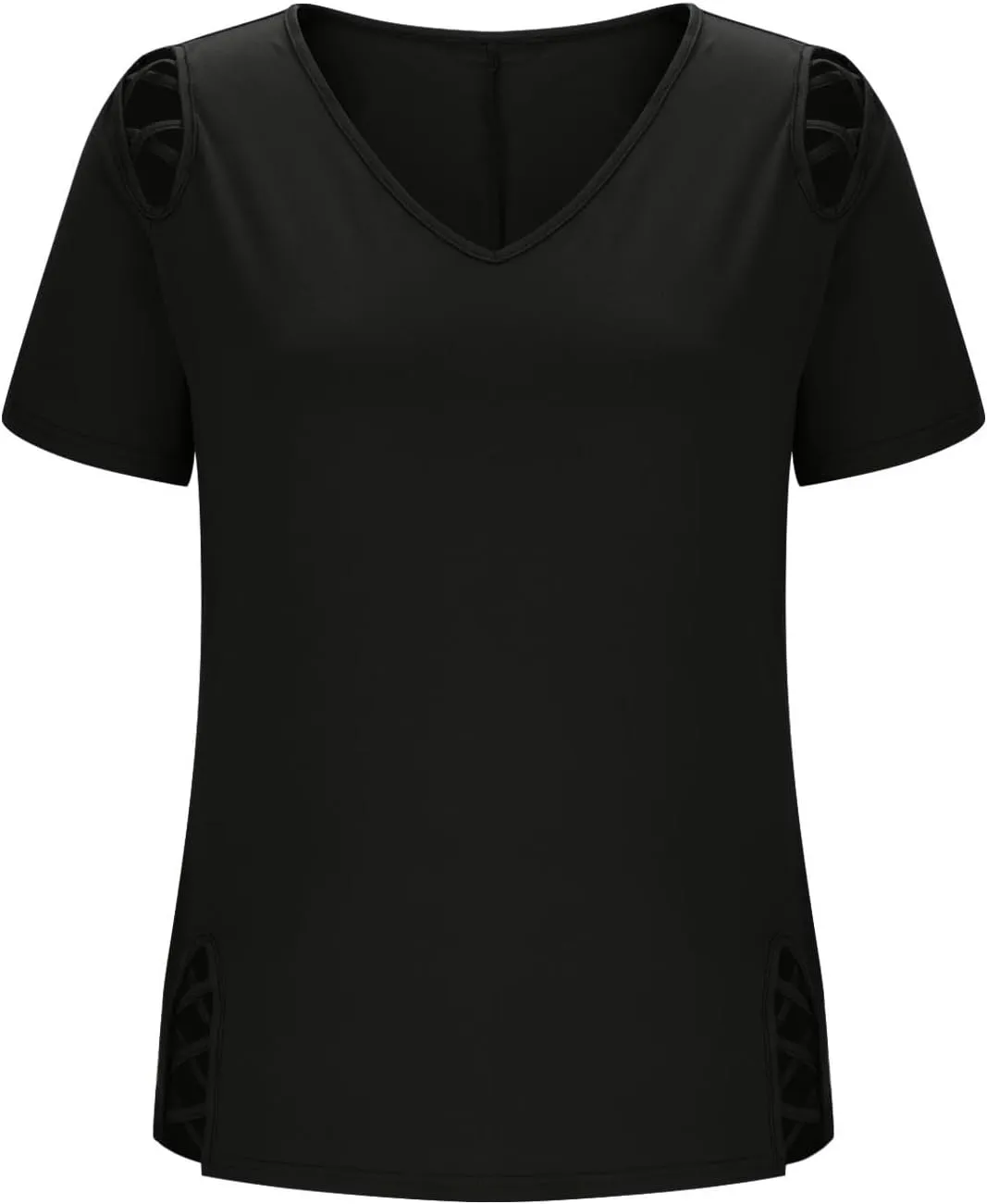 2025 Summer Women's Cold Shoulder Tops Short Sleeve Criss Cross Tees Blouse Casual Solid Color V Neck T Shirt Top