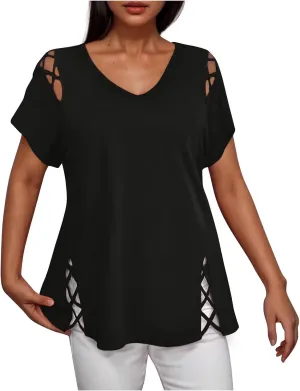 2025 Summer Women's Cold Shoulder Tops Short Sleeve Criss Cross Tees Blouse Casual Solid Color V Neck T Shirt Top