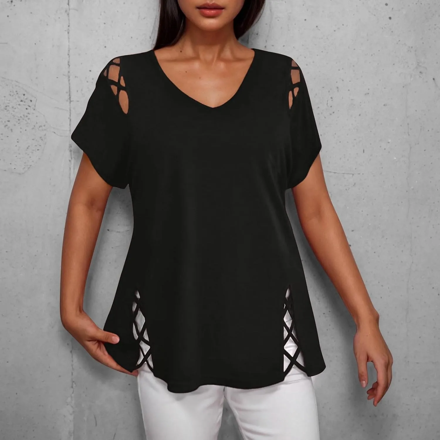 2025 Summer Women's Cold Shoulder Tops Short Sleeve Criss Cross Tees Blouse Casual Solid Color V Neck T Shirt Top