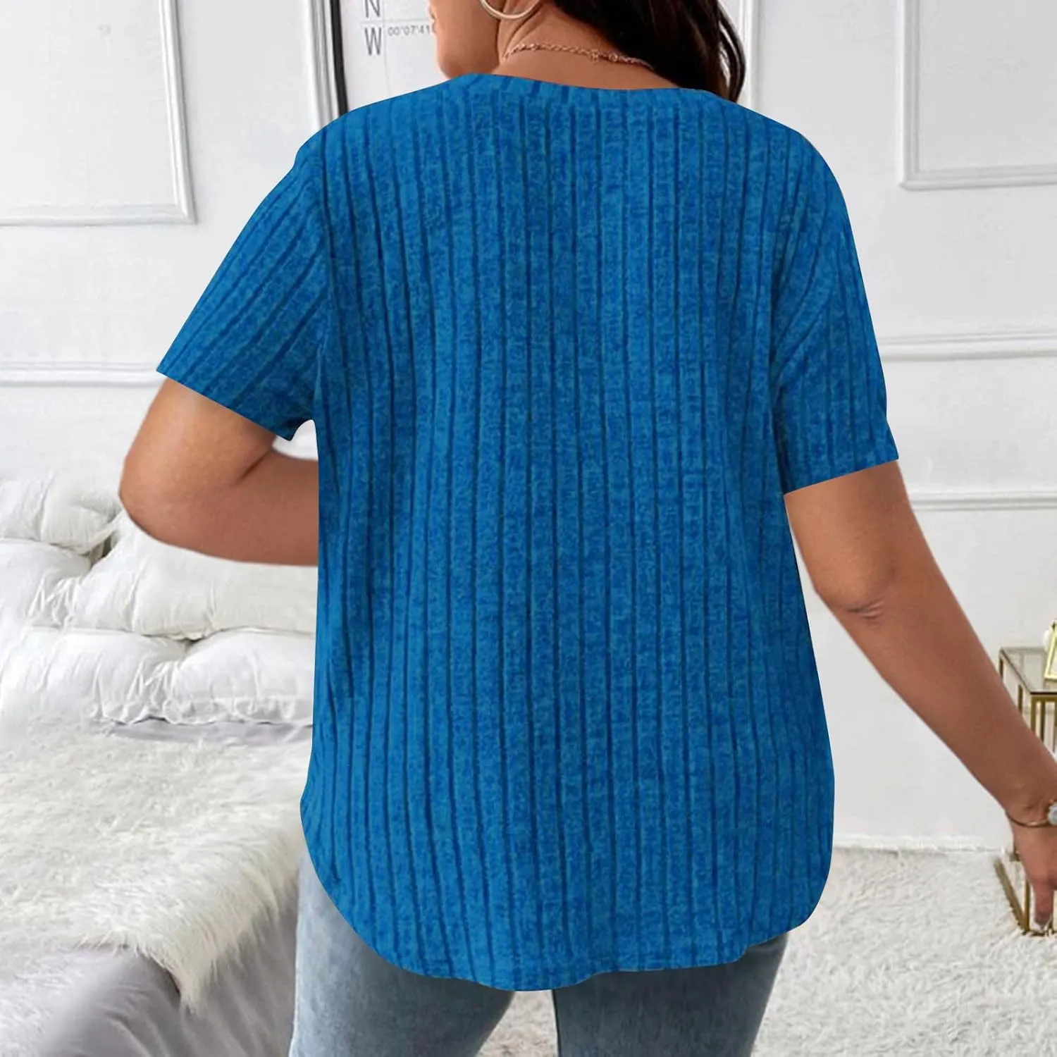 2025 Women's Plus Size Ribbed Tops Casual Trendy V Neck Solid Color Shirts Lightweight Short Sleeve Blouses Tees