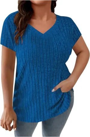 2025 Women's Plus Size Ribbed Tops Casual Trendy V Neck Solid Color Shirts Lightweight Short Sleeve Blouses Tees