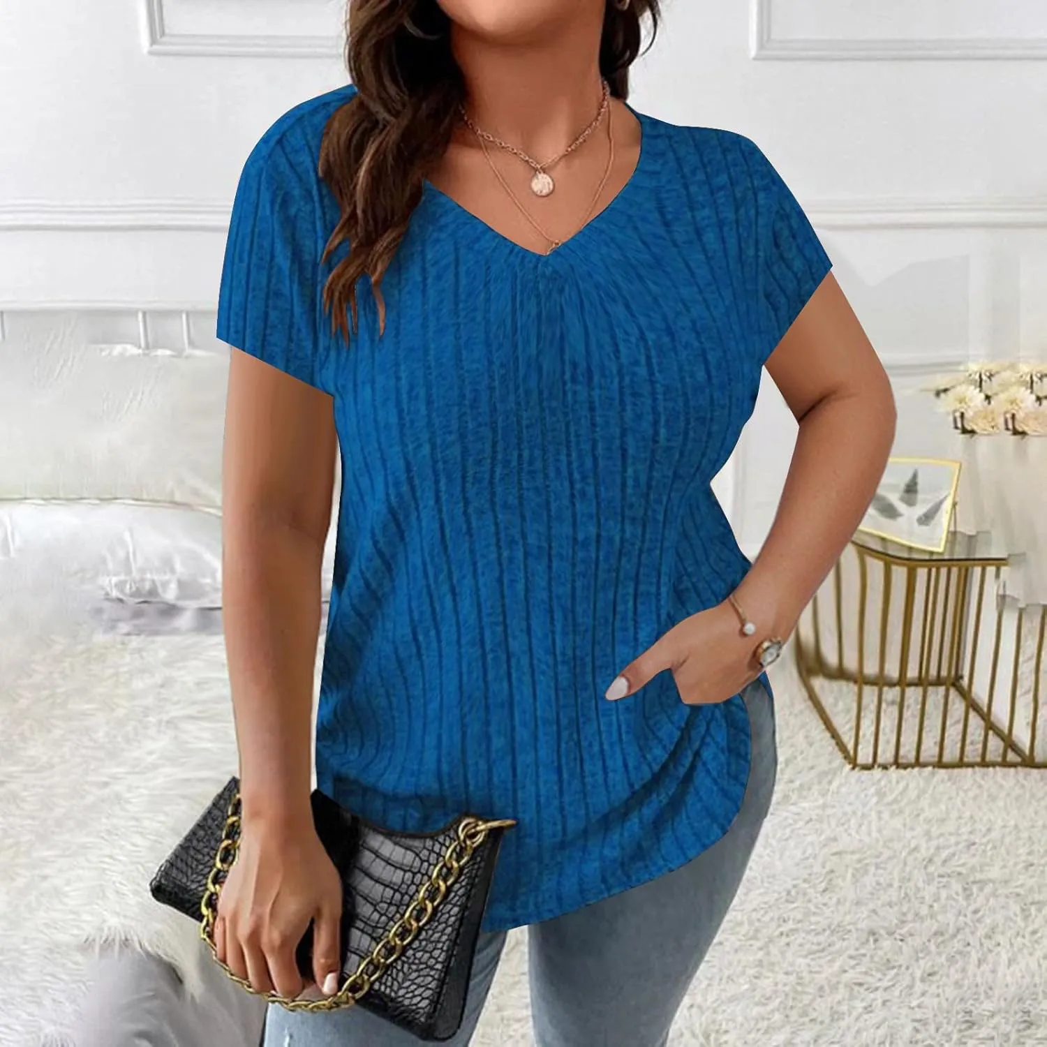2025 Women's Plus Size Ribbed Tops Casual Trendy V Neck Solid Color Shirts Lightweight Short Sleeve Blouses Tees