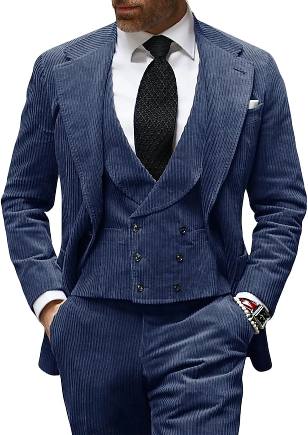 3 Piece Men's Corduroy Suits Slim Fit Suits for Men Double Breasted Blazer Vest Pants Set Wedding Prom Tuxedo Suits