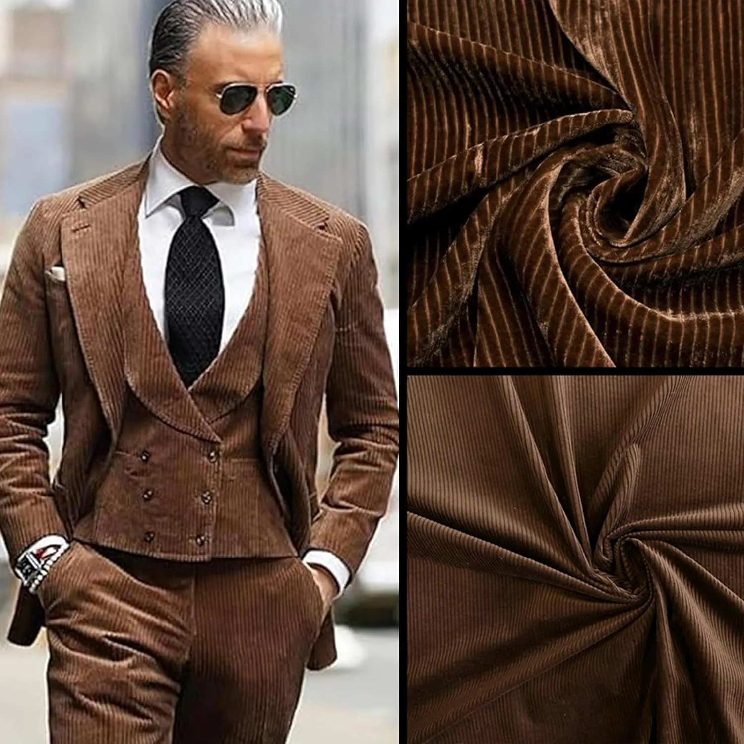 3 Piece Men's Corduroy Suits Slim Fit Suits for Men Double Breasted Blazer Vest Pants Set Wedding Prom Tuxedo Suits