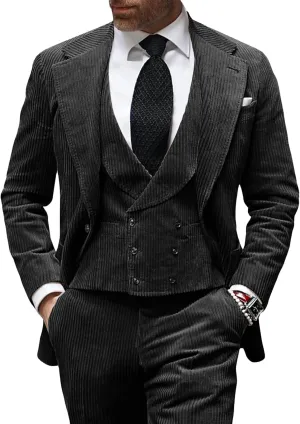 3 Piece Men's Corduroy Suits Slim Fit Suits for Men Double Breasted Blazer Vest Pants Set Wedding Prom Tuxedo Suits