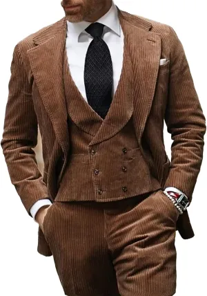 3 Piece Men's Corduroy Suits Slim Fit Suits for Men Double Breasted Blazer Vest Pants Set Wedding Prom Tuxedo Suits