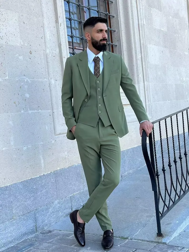 3 Piece Suit Men Slim Fit Wedding Suits for Mens Elegant One Button Jacket Single Breasted Vest Pants Set
