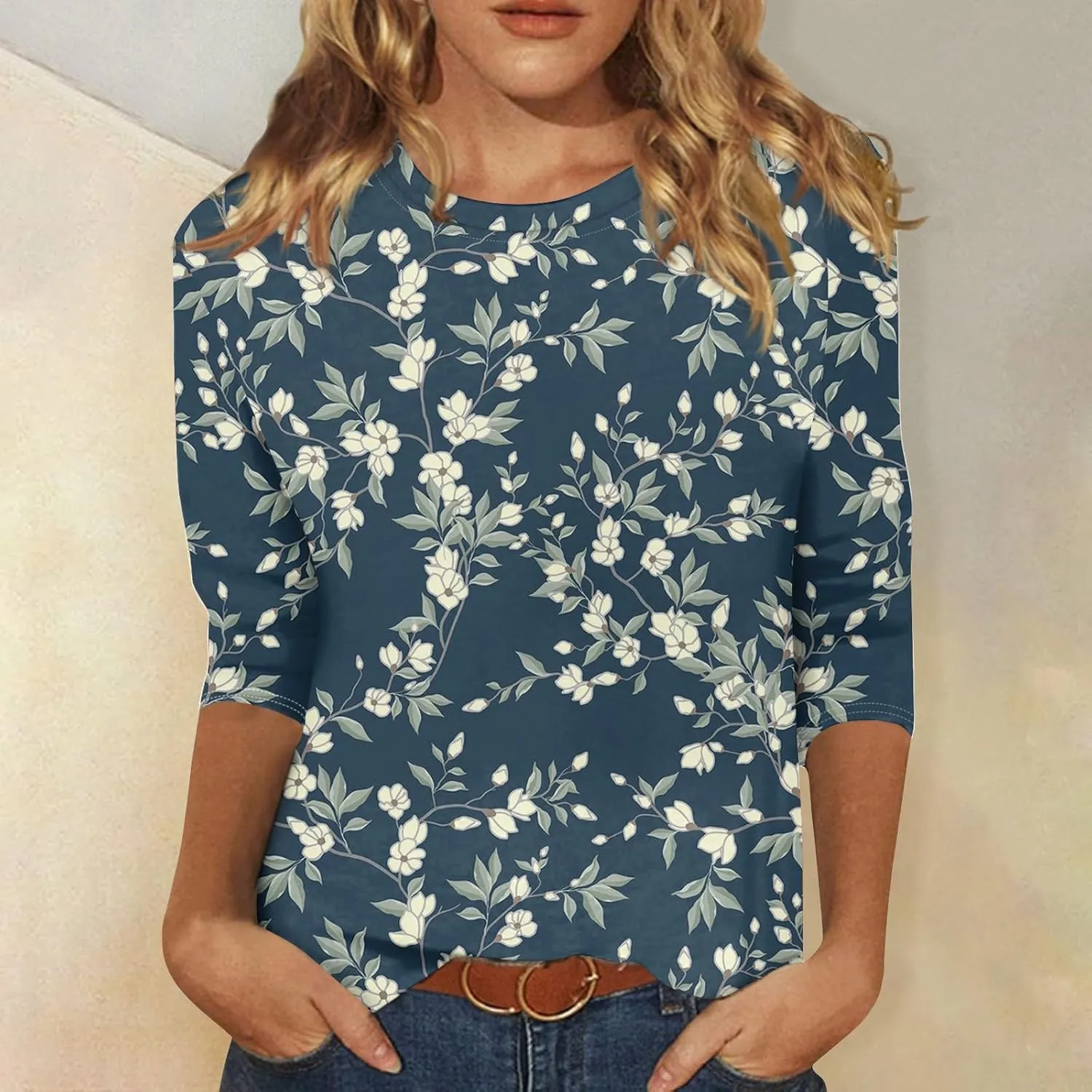 3/4 Length Sleeve Womens Tops Plus Size Spring Tops 2025 Crewneck Floral Graphic T Shirts Loose Fit Tunic Blouses