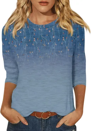 3/4 Length Sleeve Womens Tops Plus Size Spring Tops 2025 Crewneck Floral Graphic T Shirts Loose Fit Tunic Blouses