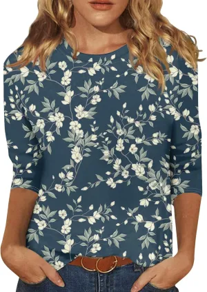 3/4 Length Sleeve Womens Tops Plus Size Spring Tops 2025 Crewneck Floral Graphic T Shirts Loose Fit Tunic Blouses