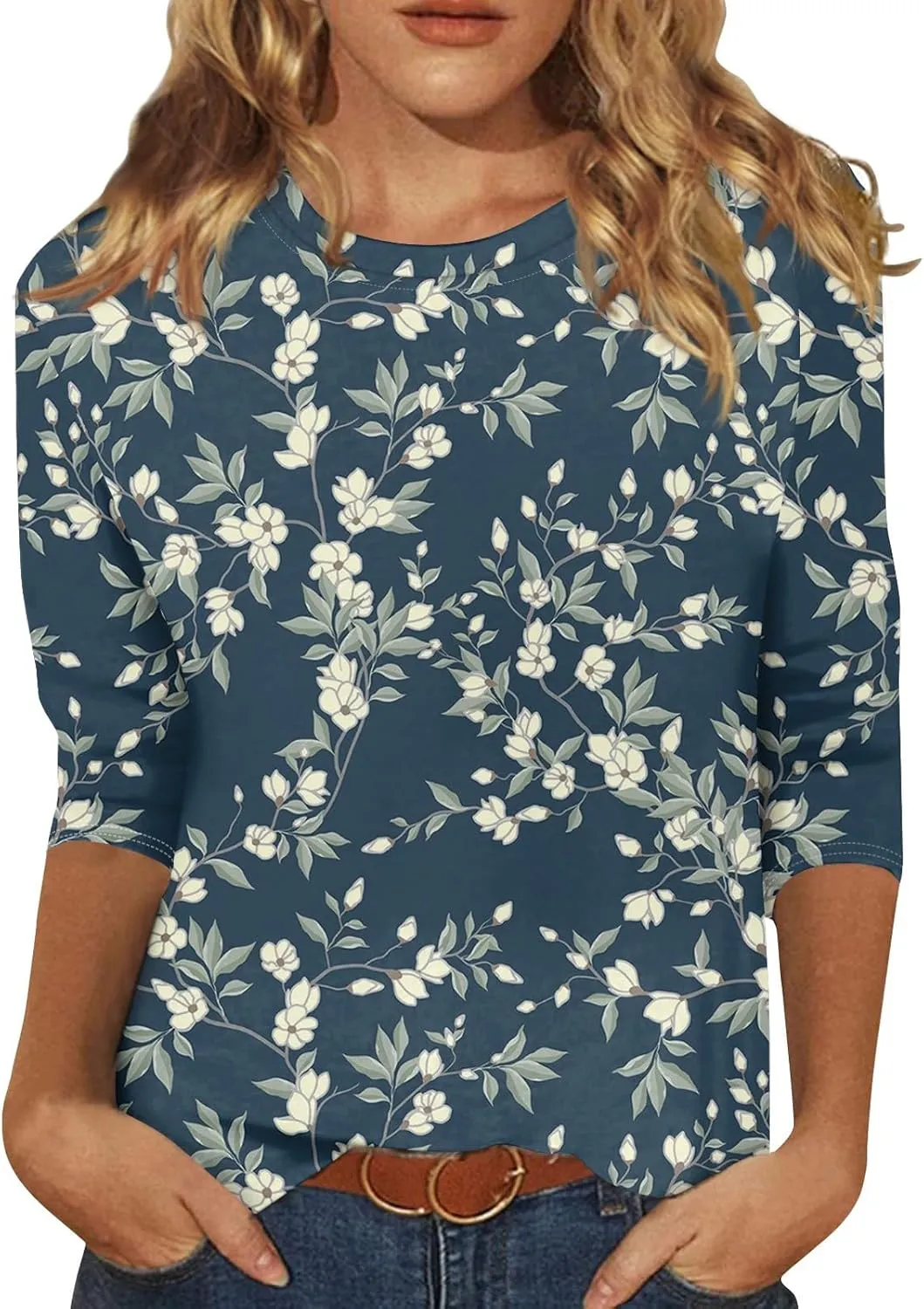 3/4 Length Sleeve Womens Tops Plus Size Spring Tops 2025 Crewneck Floral Graphic T Shirts Loose Fit Tunic Blouses