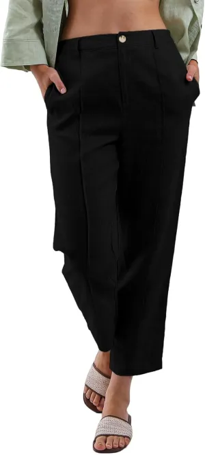 Amazhiyu Women's 100% Linen Summer High-Rise Effortless Pintuck Ankle Pants