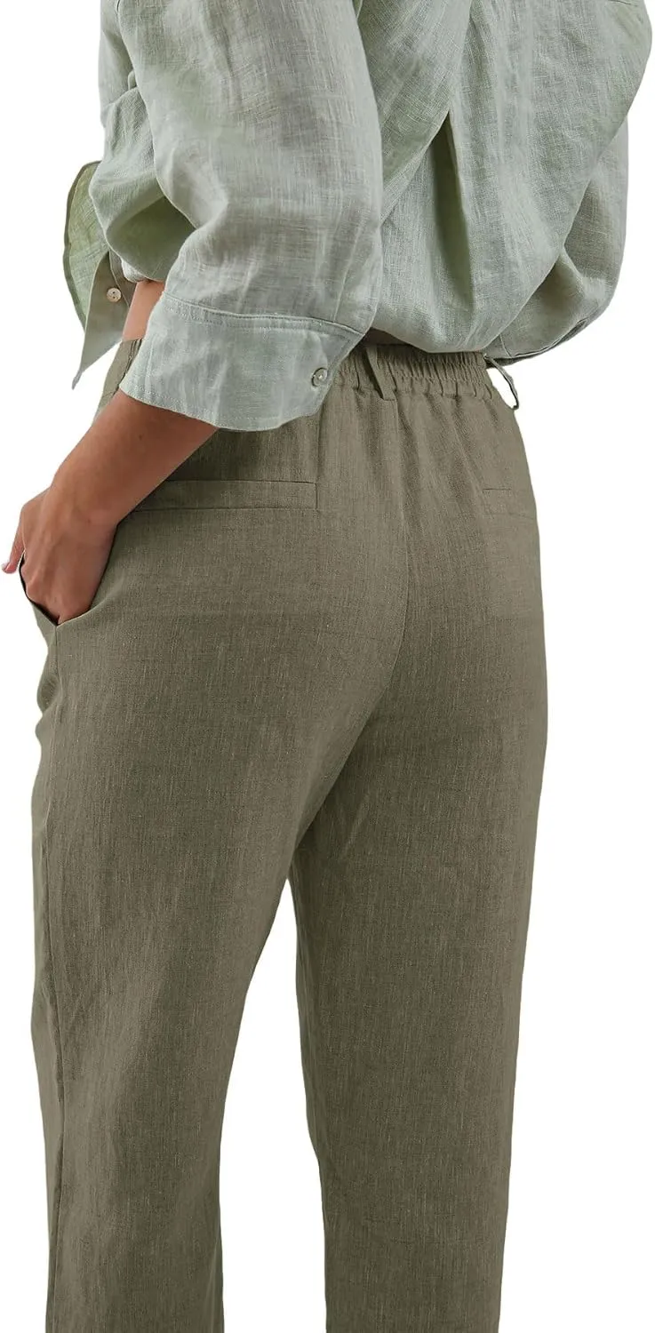 Amazhiyu Women's 100% Linen Summer High-Rise Effortless Pintuck Ankle Pants