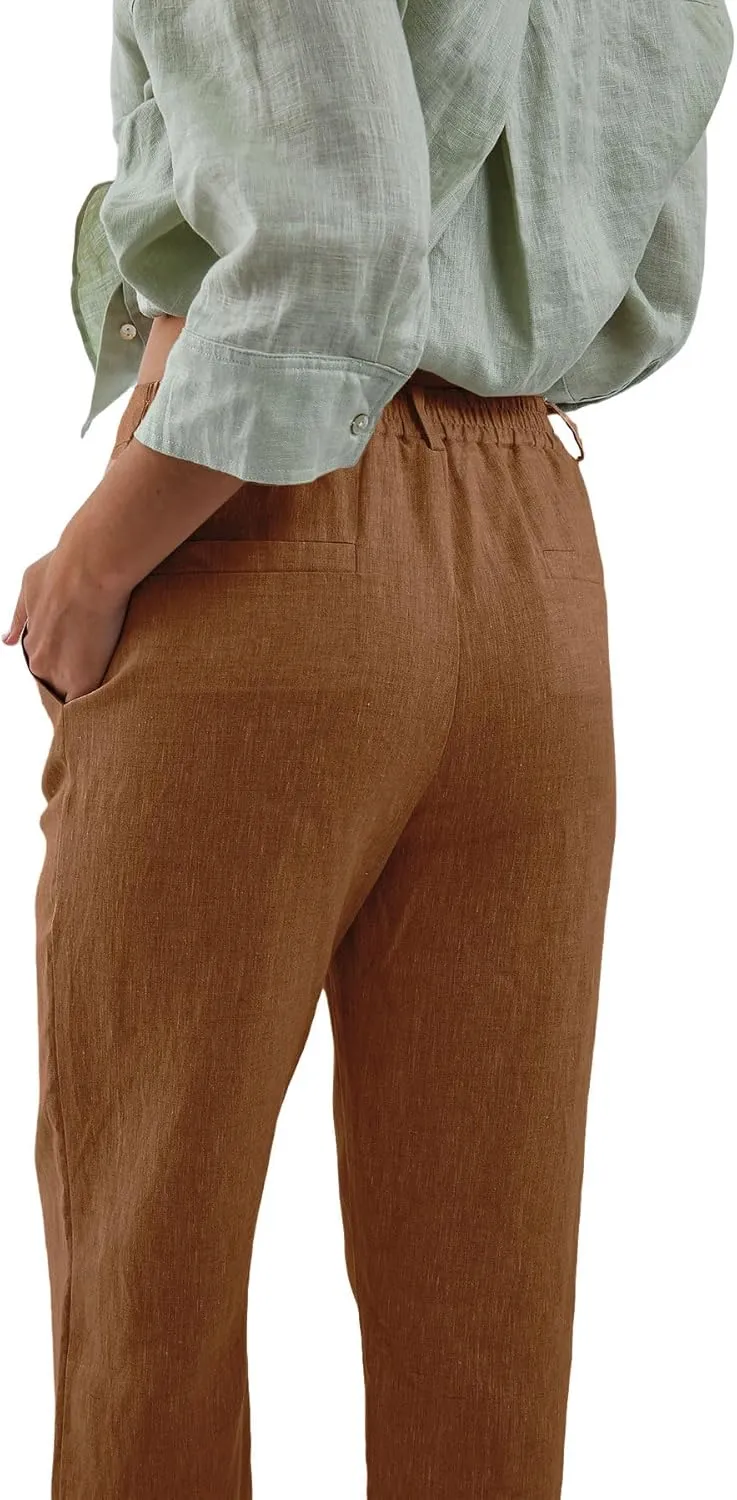 Amazhiyu Women's 100% Linen Summer High-Rise Effortless Pintuck Ankle Pants
