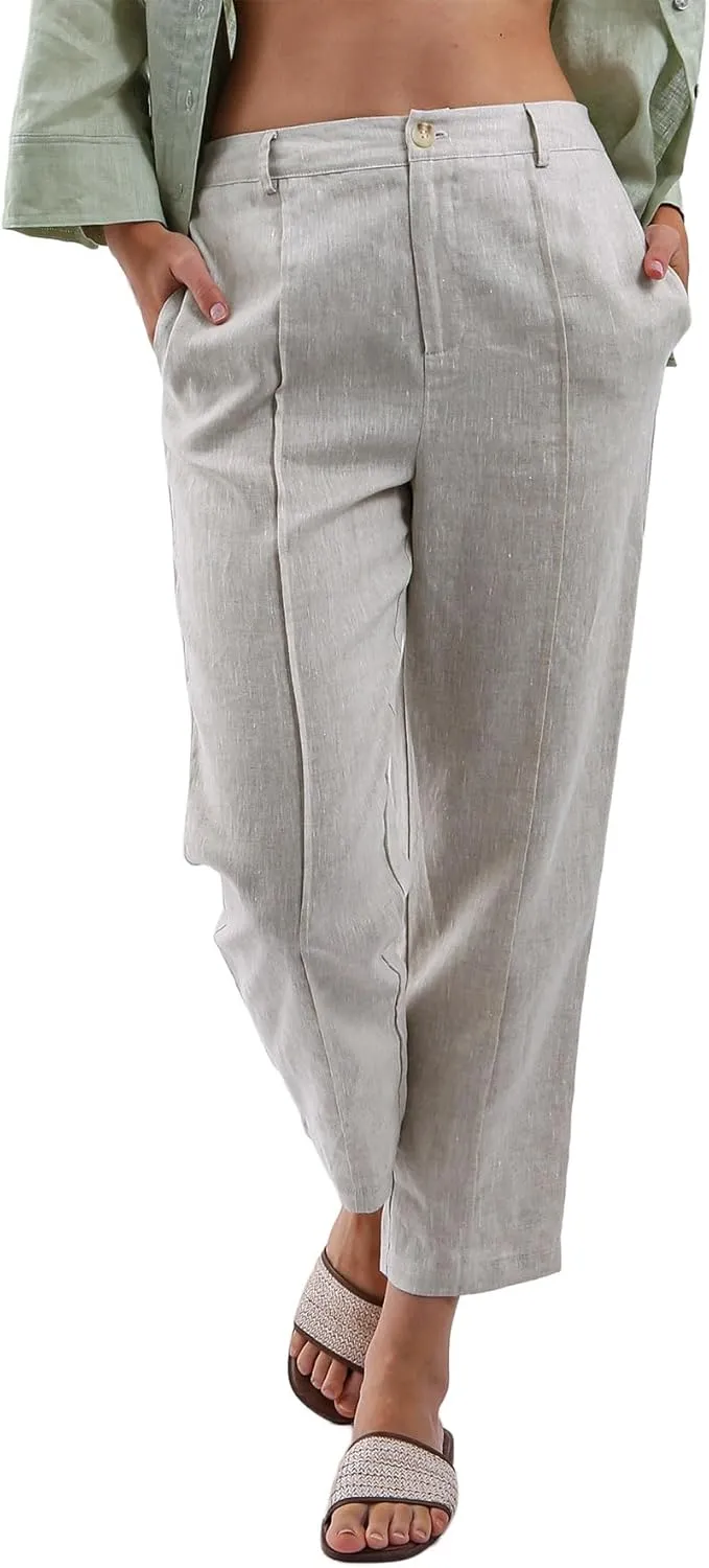 Amazhiyu Women's 100% Linen Summer High-Rise Effortless Pintuck Ankle Pants