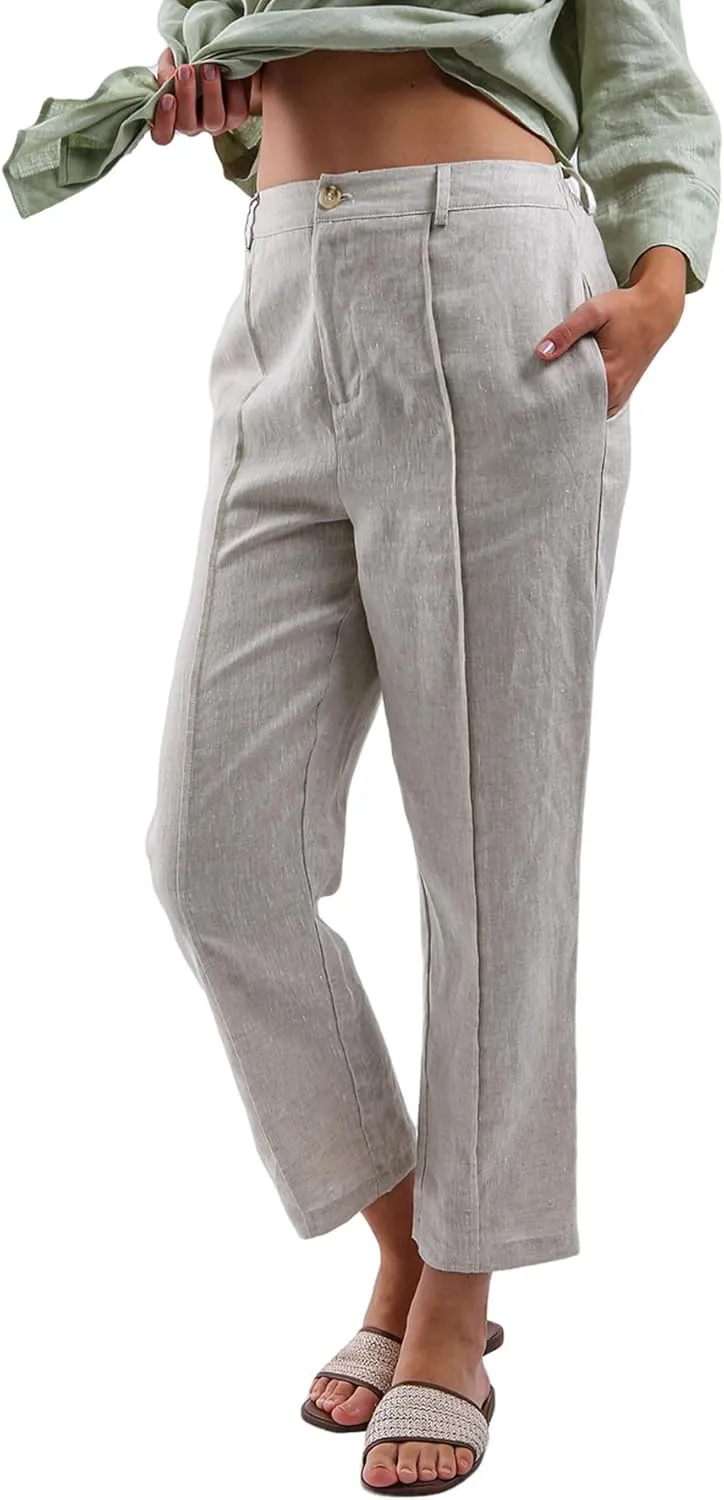 Amazhiyu Women's 100% Linen Summer High-Rise Effortless Pintuck Ankle Pants