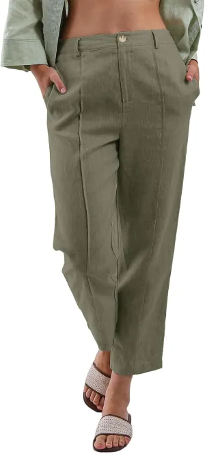 Amazhiyu Women's 100% Linen Summer High-Rise Effortless Pintuck Ankle Pants