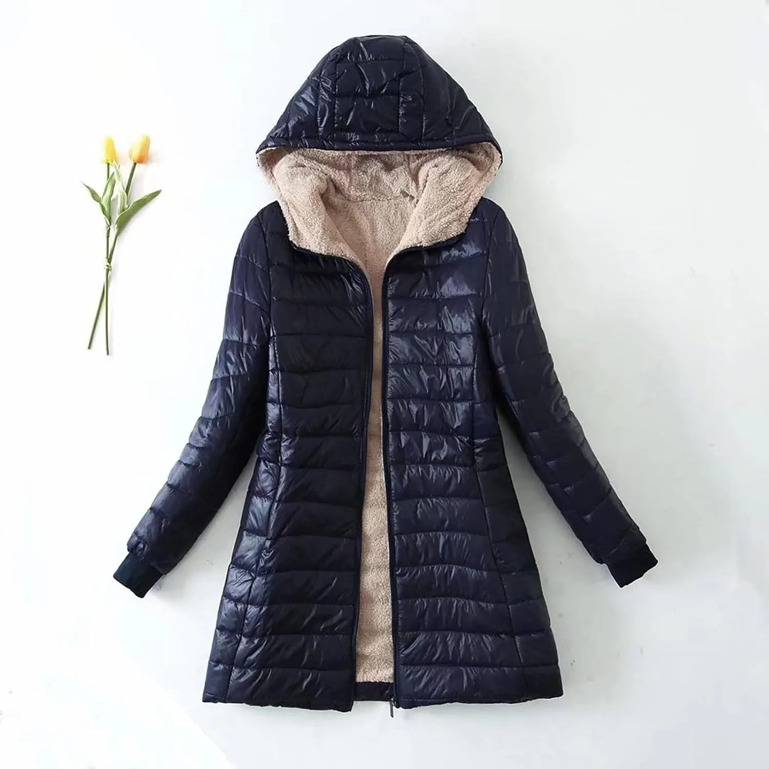 AMDBEL Long Puffer Jacket Women With Hood Plus Size Down Coat Cotton Cover Coat Lightweight Down Coat With Hood Winter Jacket