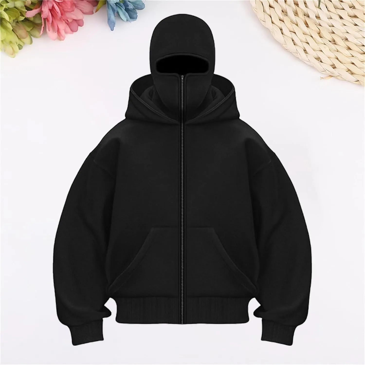 Balaclava Hoodie Men Oversized Cool Zip Up Hoodies with Windproof Balaclava Snowboarding Ski Sweatshirt Streetwear