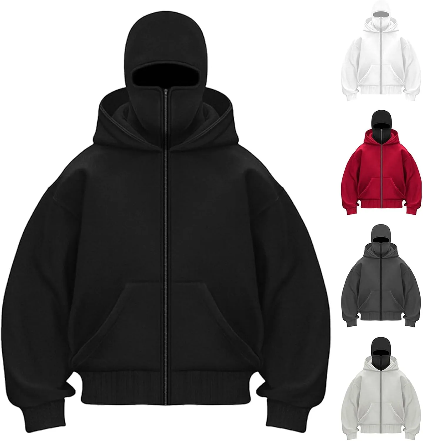 Balaclava Hoodie Men Oversized Cool Zip Up Hoodies with Windproof Balaclava Snowboarding Ski Sweatshirt Streetwear