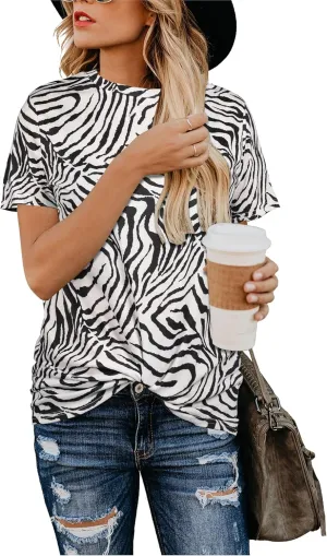 Blooming Jelly Womens Leopard Print Tops Short Sleeve Round Neck Casual T Shirts Tees