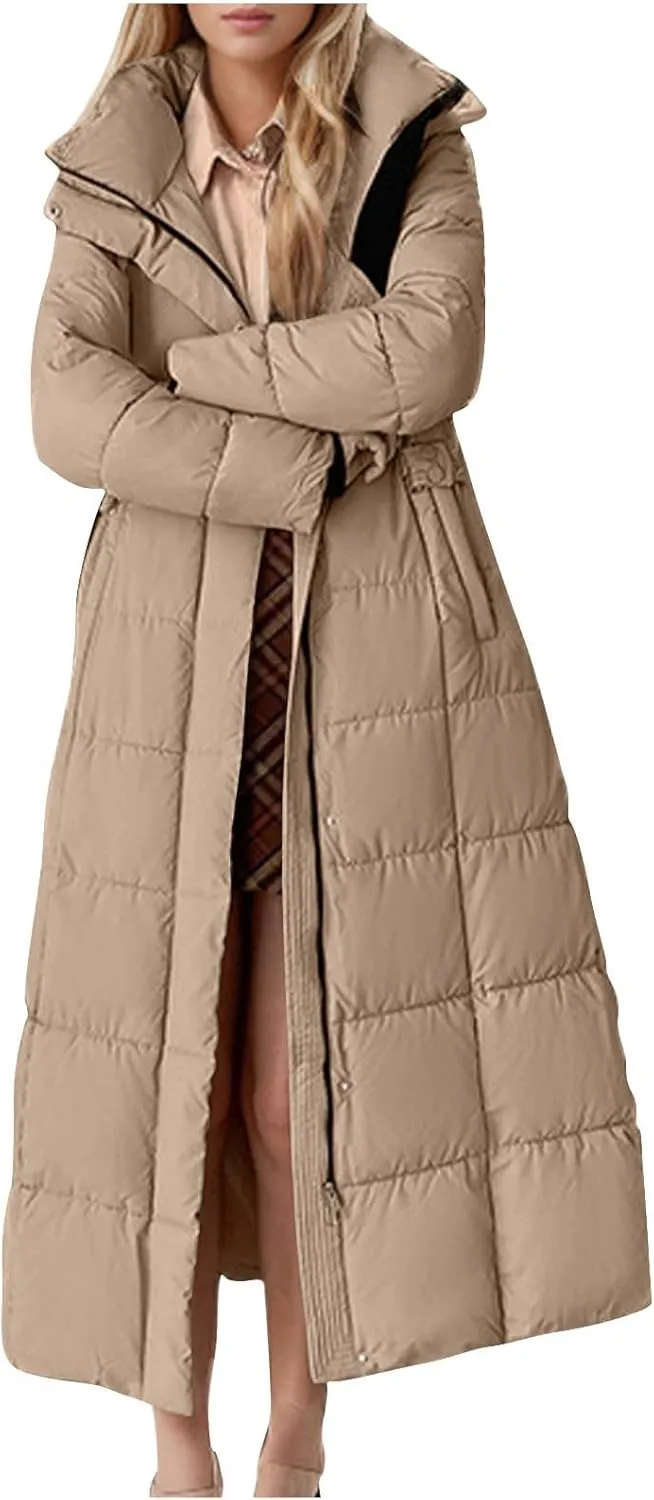 Borniu Women's Long Winter Puffer Coat Warm Maxi Down Jacket Hooded Zip Up Casual Thickened Puffer Jackets Overcoat