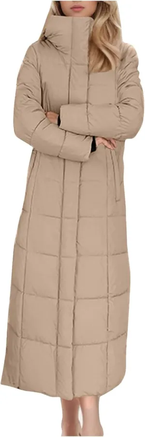 Borniu Women's Long Winter Puffer Coat Warm Maxi Down Jacket Hooded Zip Up Casual Thickened Puffer Jackets Overcoat