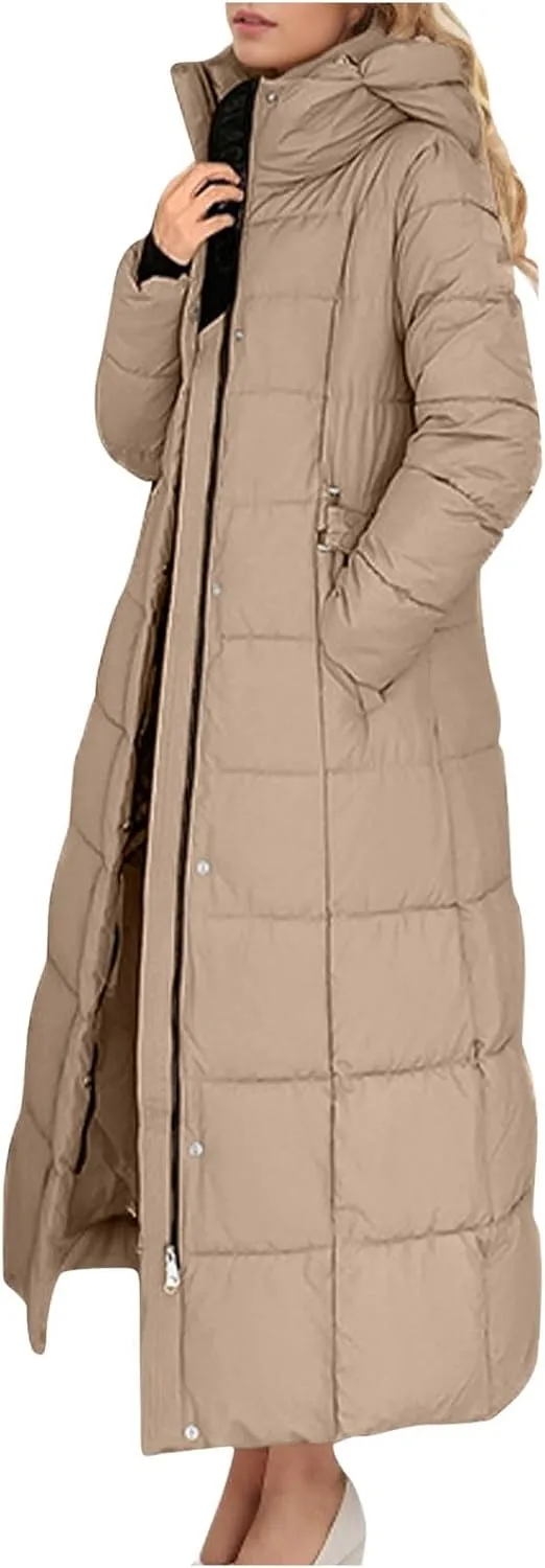 Borniu Women's Long Winter Puffer Coat Warm Maxi Down Jacket Hooded Zip Up Casual Thickened Puffer Jackets Overcoat