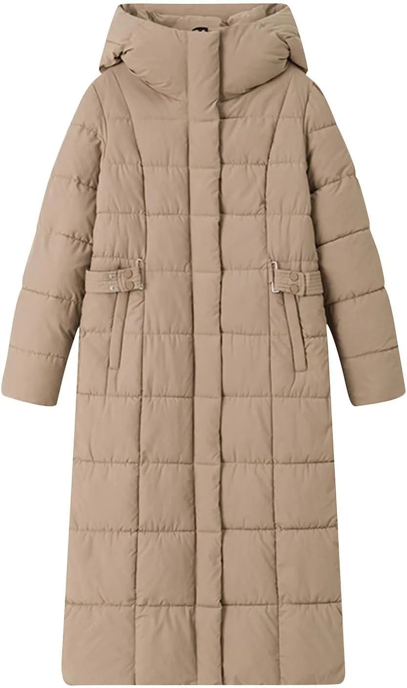 Borniu Women's Long Winter Puffer Coat Warm Maxi Down Jacket Hooded Zip Up Casual Thickened Puffer Jackets Overcoat